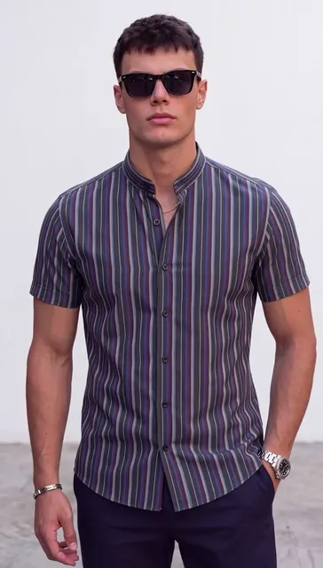 Camisa Cuello Mao Manga Corta  Rayada - Video 10