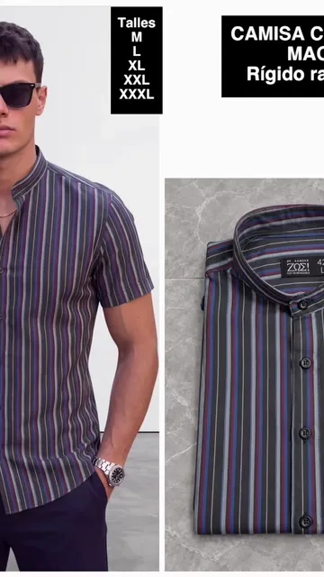 Camisa Cuello Mao Manga Corta  Rayada - Video 10